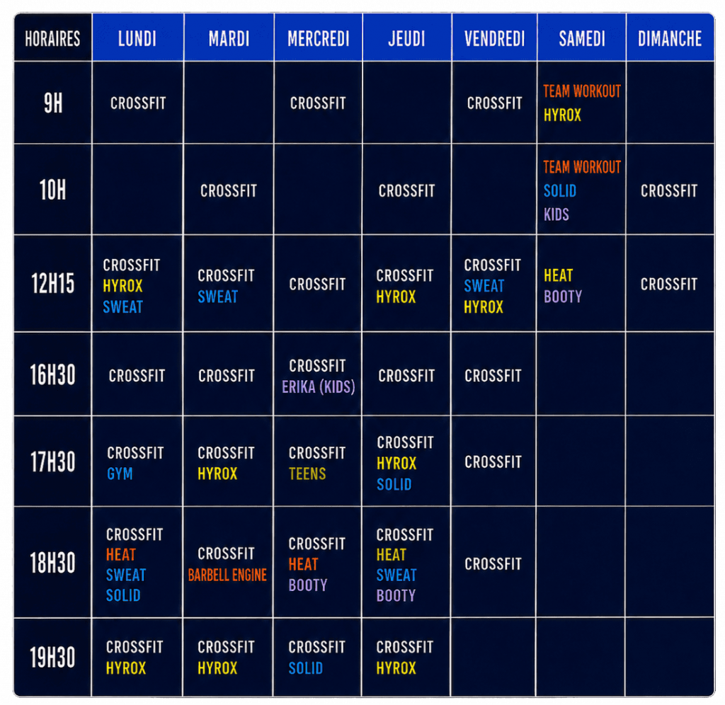 Le planning des cours 2026 version mobile